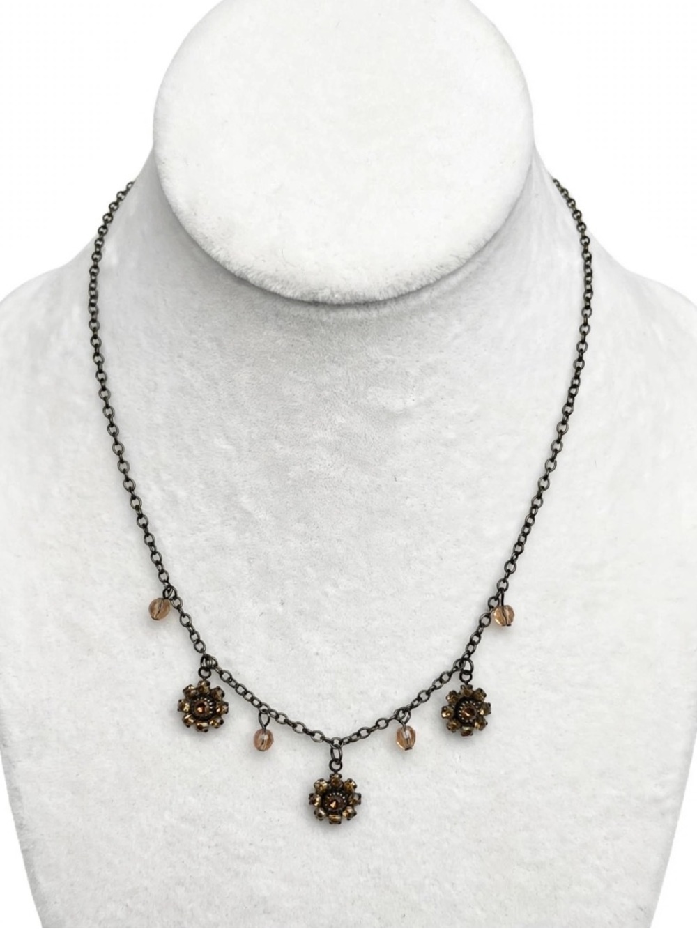Delicate Boho Flower Necklace - Brown Crystal - Dainty Charm Choker